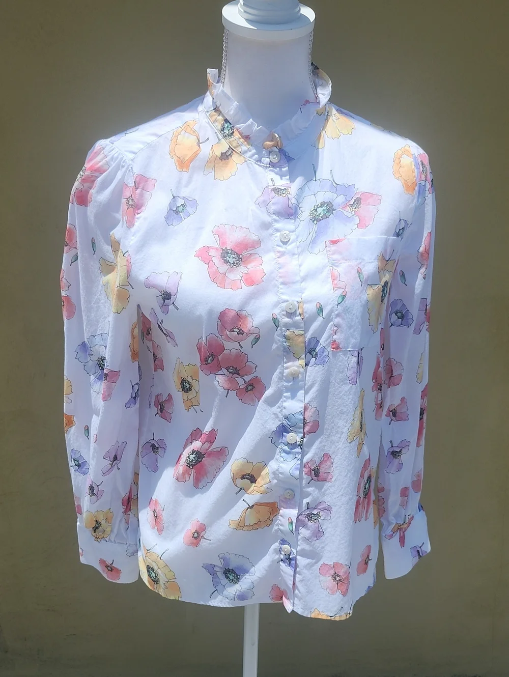 Chico's White Button-Down Shirt with Pink, Yellow & Purple Floral Print